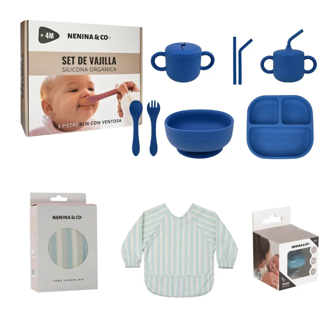 Kit Deluxe Vajilla + Babero BLW Pink 9 Piezas de Silicona orgánica con ventosas Nenina & Co